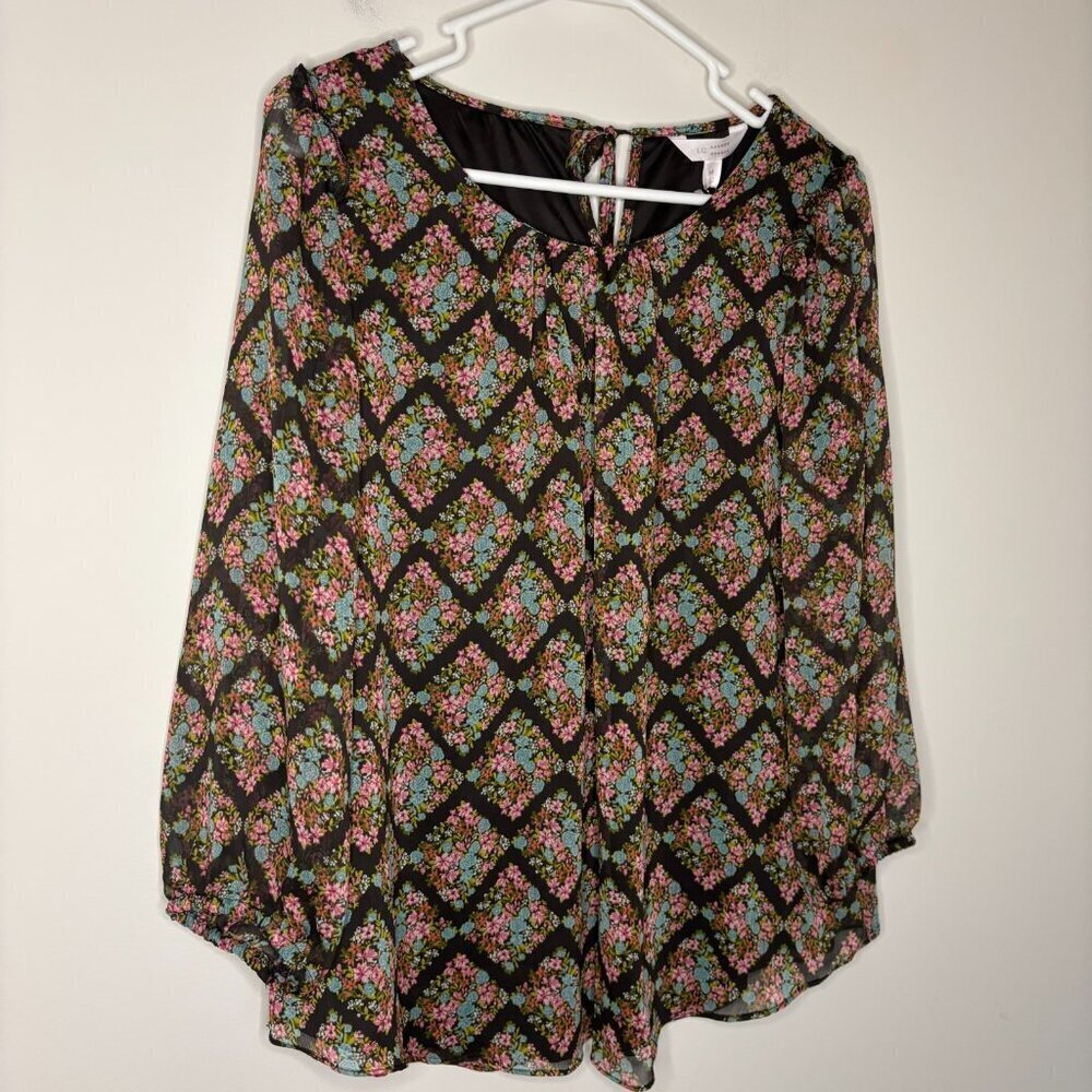 LAUREN CONRAD NEW Peasant Top Womens M Black Pink Blue Floral Keyhole Sheer